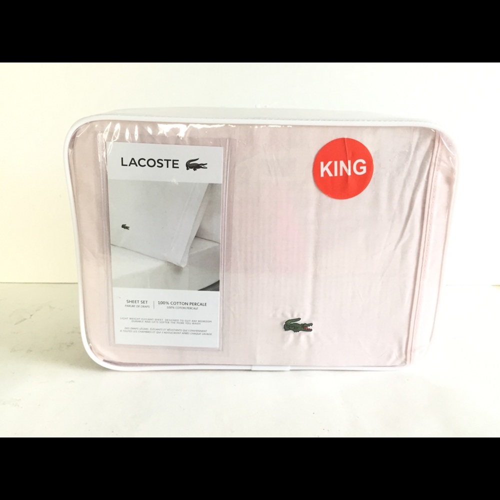 New Lacoste KING 100% cotton percale bed sheet set iced pink 4 piece
